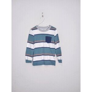 Carter's Boys 5/5A Striped Long Sleeve Pullover T-Shirt Pocket Teal Navy Gray